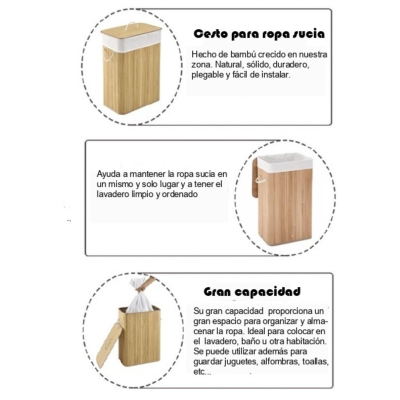 Cesto de bambú rectangular - Diseño plegable - Desmontable y Lavable - Imagen 4